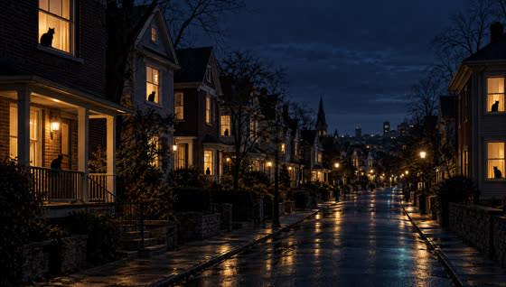 A dusk street of lit windows with cat silhouettes watching from the sills