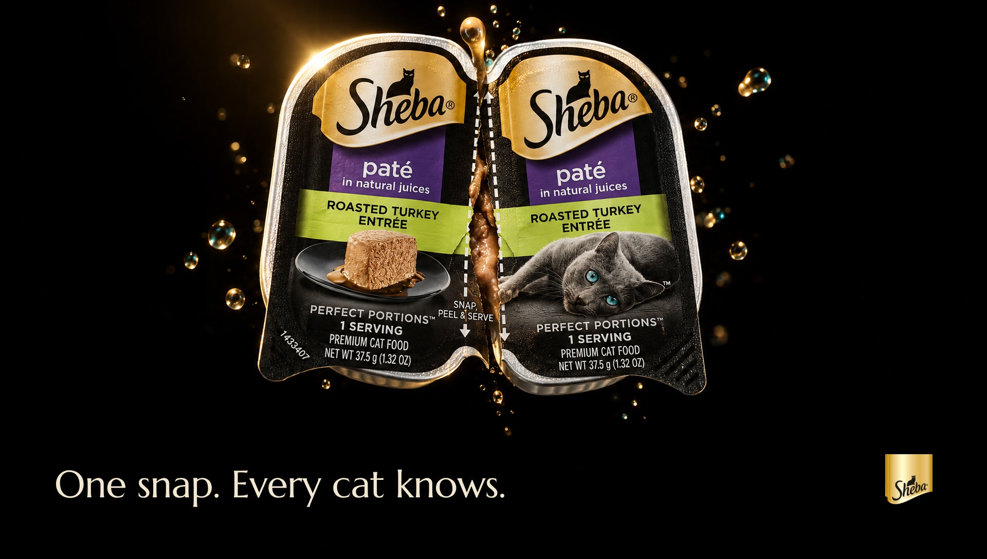 Poster: the Sheba twin tray mid-snap on black with the line one snap, every cat knows